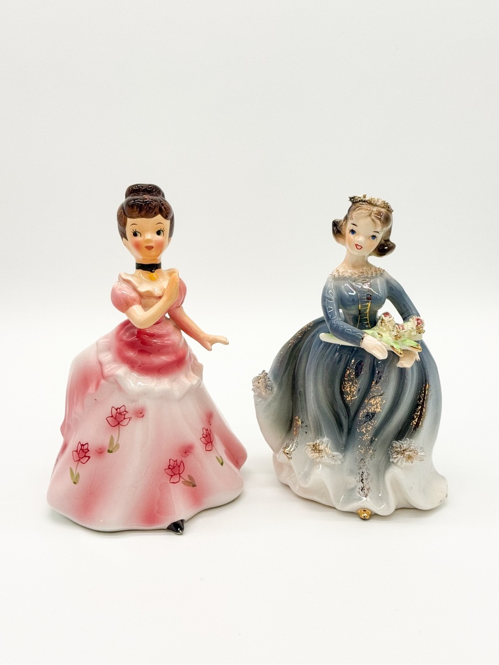 Pair Vintage Artmark Porcelain Figurine Pink Vase Gray Dress Spaghetti Trim 50s